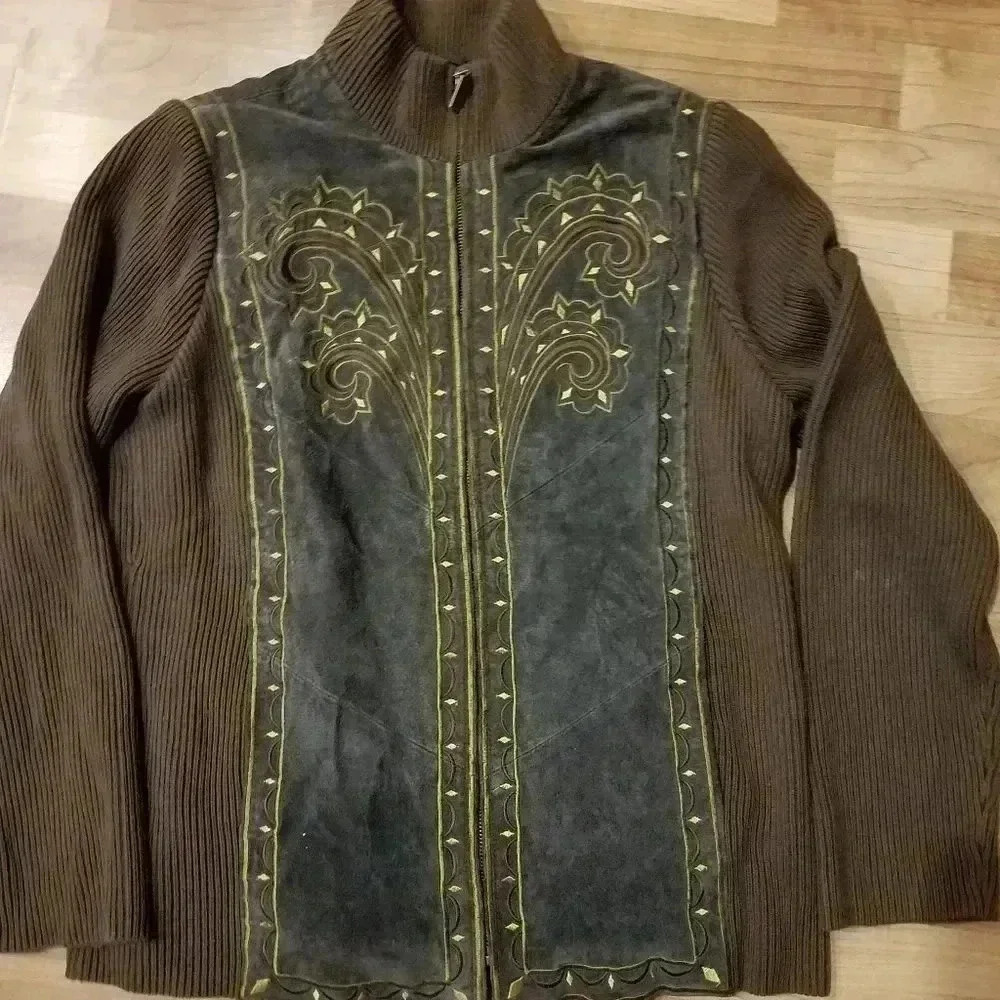 BOB MACKIE Sweater Jacket Art To Wear Suede Knit Zip Up Relaxed Fit L